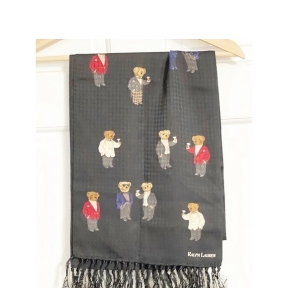 Ralph Lauren Vintage  Black Silk Scarf Martini-Drinking Bears - Picture 8 of 9